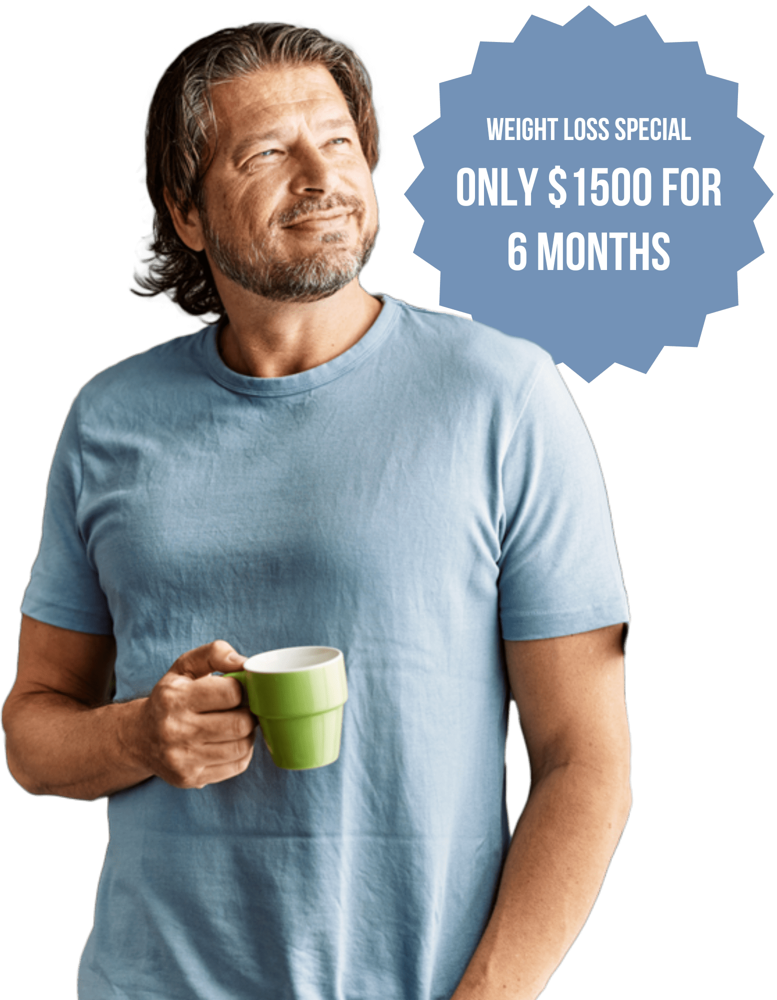A person holding a green cup with a promotional weight loss special offer banner beside them.